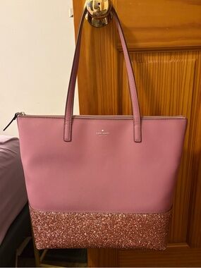 Kate Spade Pink Glitter Tote Bag Large Saffiano Leather Rose Gold Sparkle